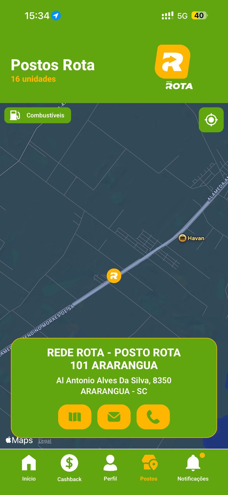 Tela de postos do app Postos Rota