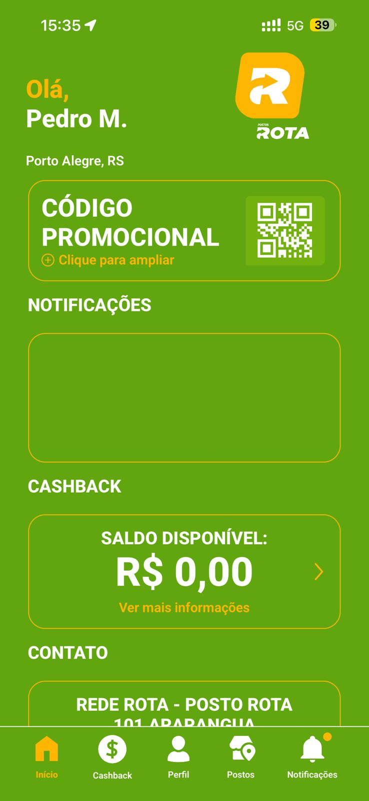 Tela de cashback do app Postos Rota