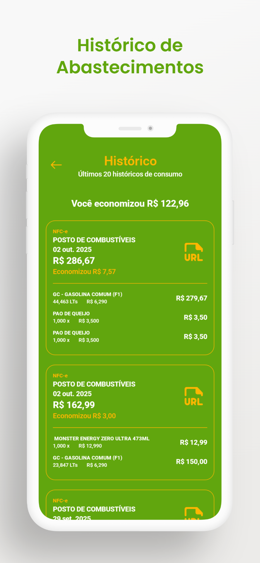 Tela de histórico de abastecimentos do app Postos Rota