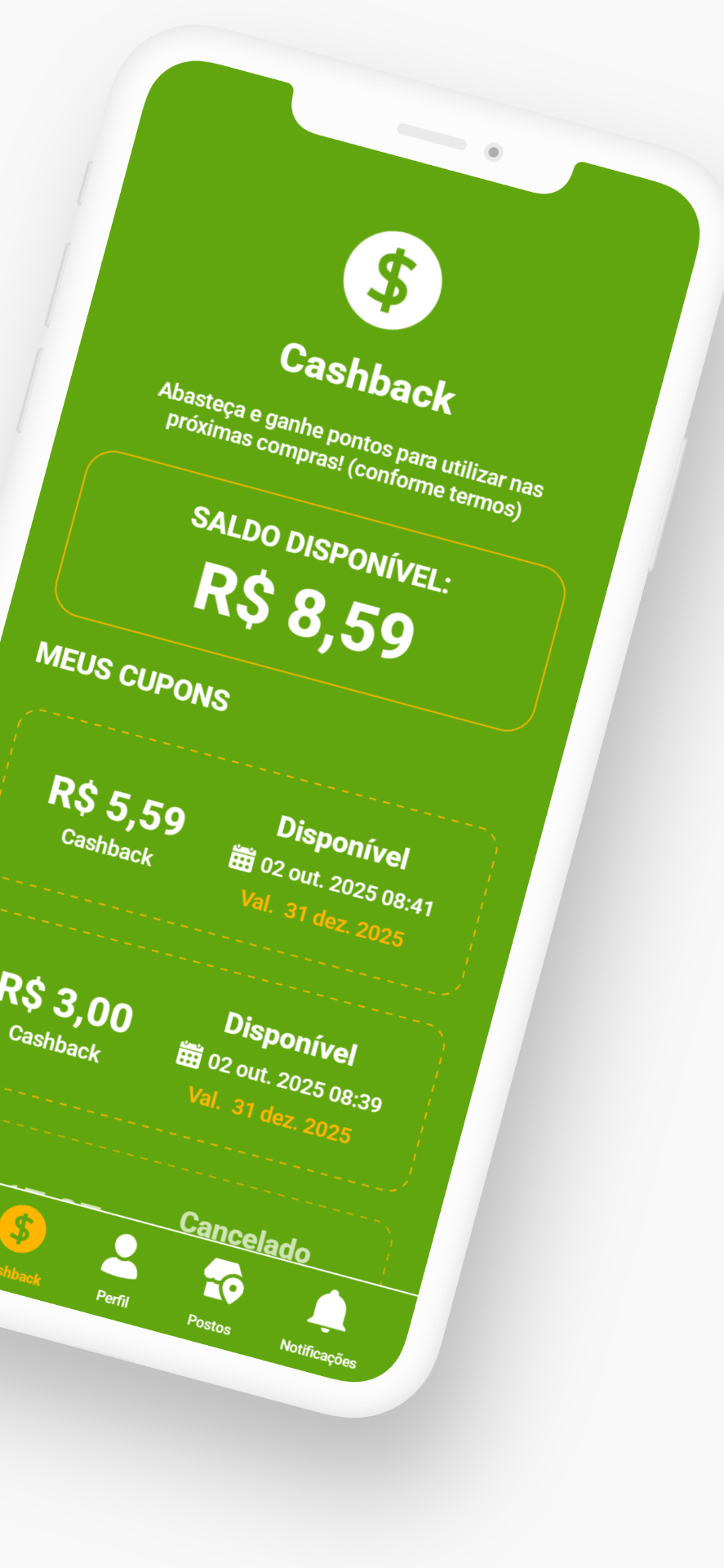 Tela de cashback do app Postos Rota